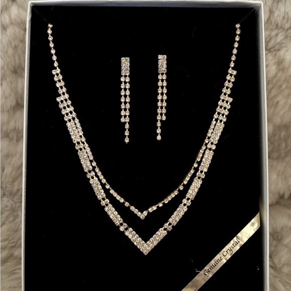Genuine Crystal Gold (plated) Deco style necklace and earring set - Picture 1 of 3